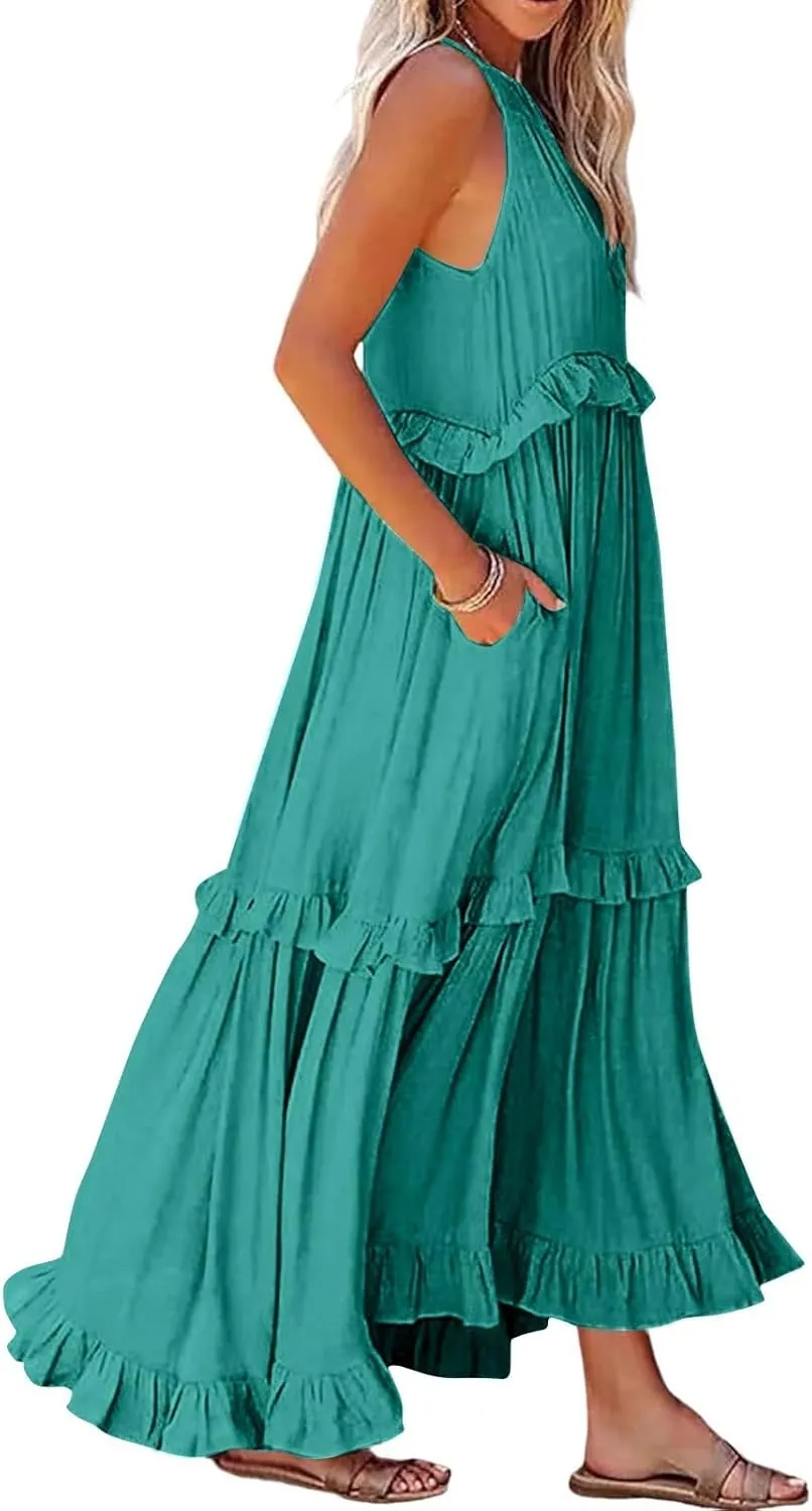 Womens Halter Maxi Dress Sleeveless Sexy Tiered Flowy Summer Loose Smocked Ruffle Swing Beach Dress with Pockets