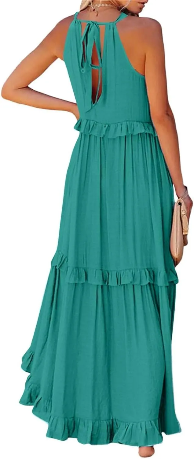 Womens Halter Maxi Dress Sleeveless Sexy Tiered Flowy Summer Loose Smocked Ruffle Swing Beach Dress with Pockets