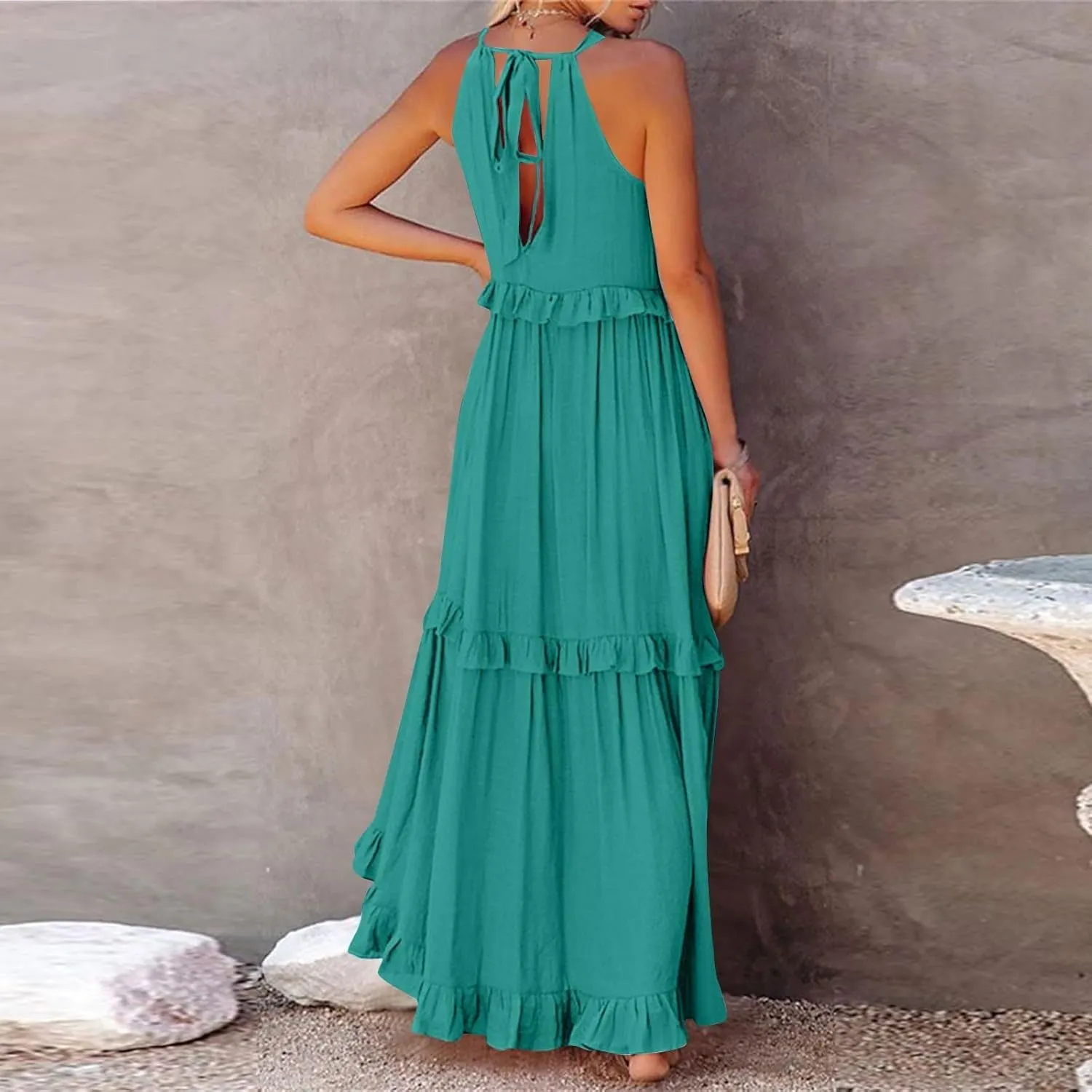 Womens Halter Maxi Dress Sleeveless Sexy Tiered Flowy Summer Loose Smocked Ruffle Swing Beach Dress with Pockets