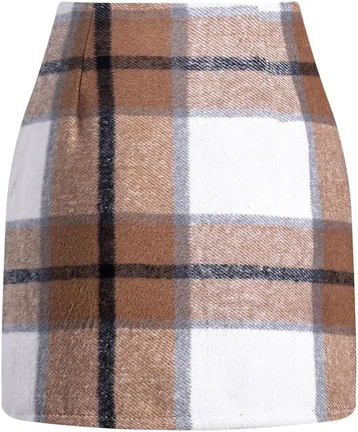 Womens High Waist Plaid Skirt Bodycon Pencil Wool Mini Skirts Soft 2024 Fall Winter Casual Trendy A Line Stretch Skirt