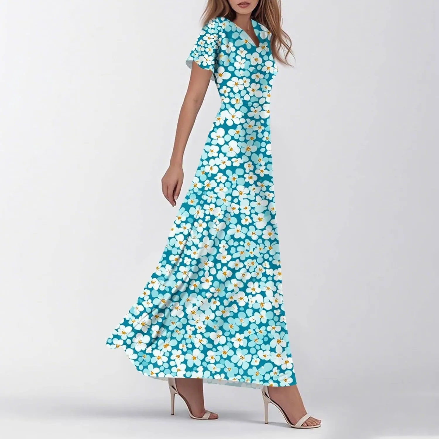 Women's Long Floral Dress Summer V-Neck Loose Fit Classy Short Sleeve Sundresses Trendy Beach Maxi Dress
