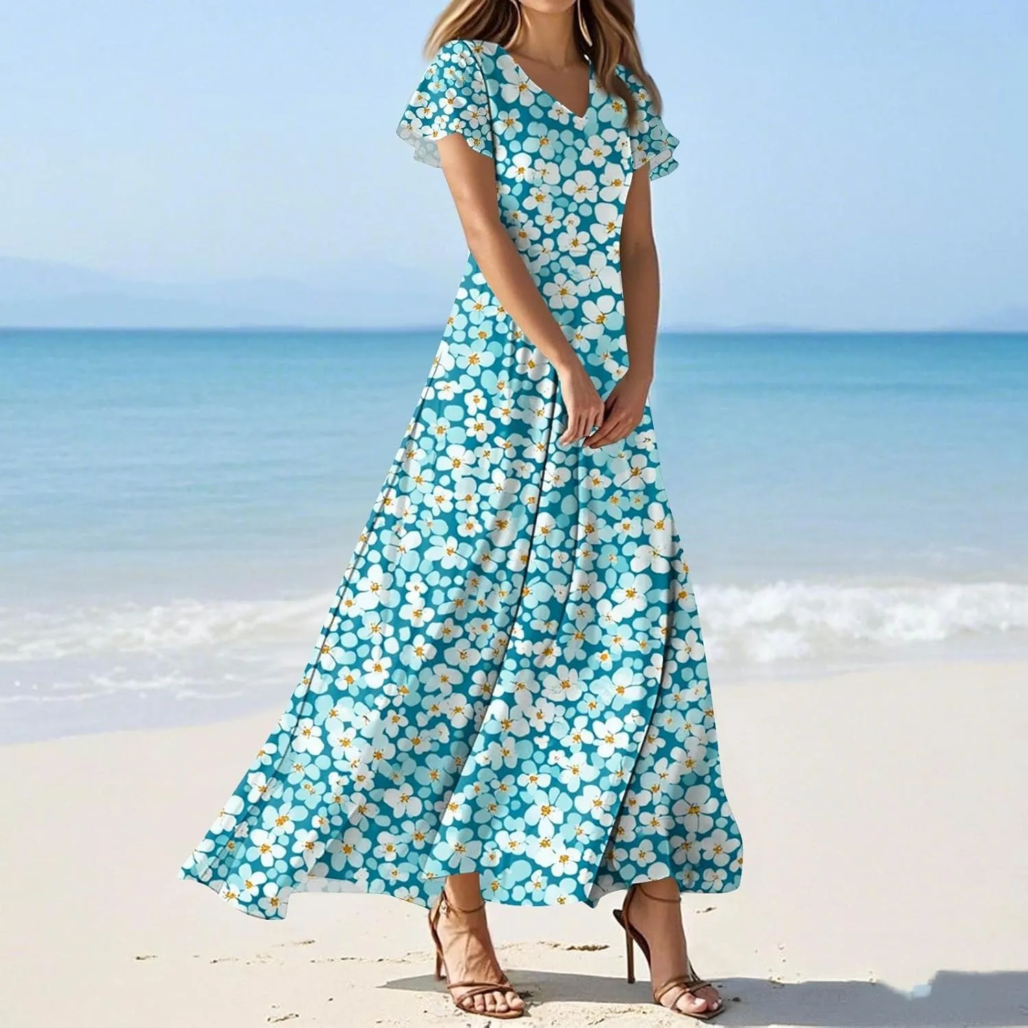 Women's Long Floral Dress Summer V-Neck Loose Fit Classy Short Sleeve Sundresses Trendy Beach Maxi Dress