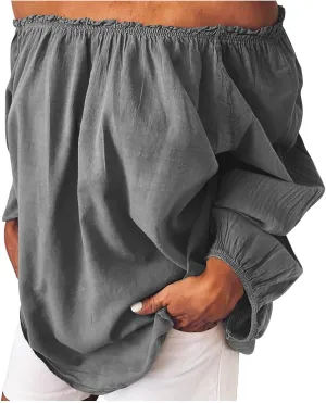 Women's Off The Shoulder TopsTrendy Shirred Neck Long Sleeve Flowy Cotton Linen Blouses Plus Size Solid Beach Shirts