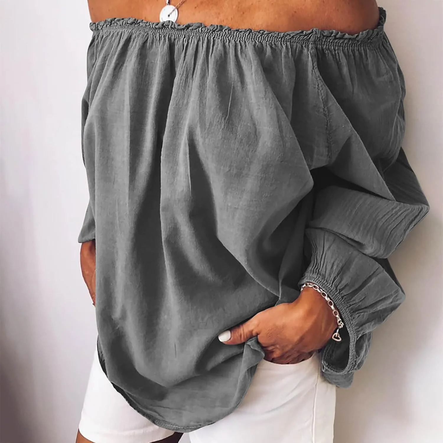 Women's Off The Shoulder TopsTrendy Shirred Neck Long Sleeve Flowy Cotton Linen Blouses Plus Size Solid Beach Shirts