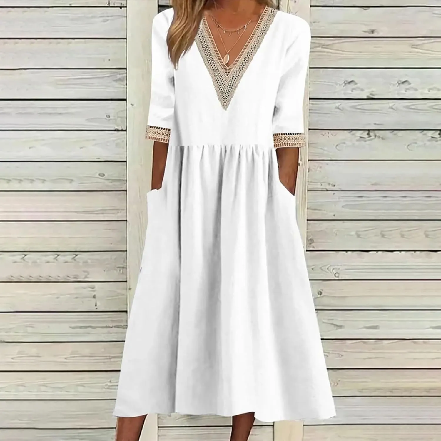 Womens Plus Size Summer Dresses Casual Lace Trim V Neck Short Sleeve A Line Boho Cotton Linen Maxi Dress with Pockets