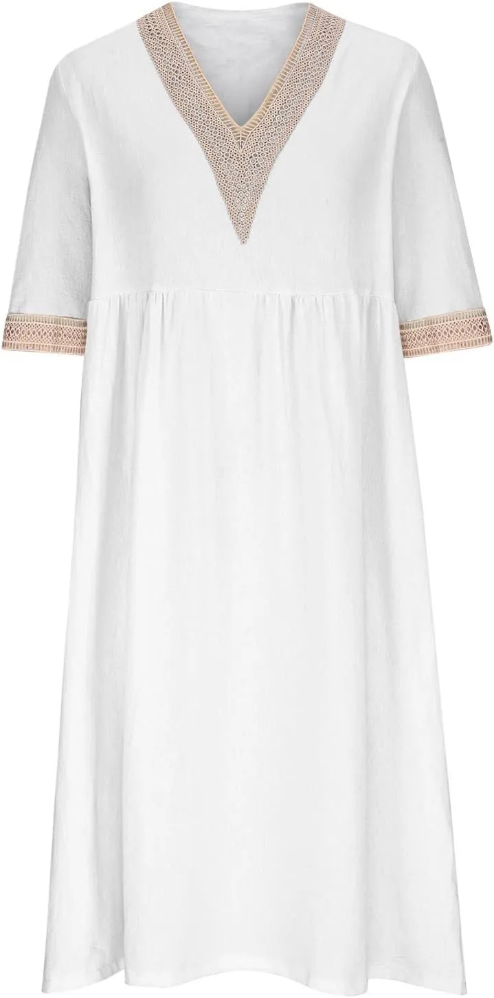 Womens Plus Size Summer Dresses Casual Lace Trim V Neck Short Sleeve A Line Boho Cotton Linen Maxi Dress with Pockets