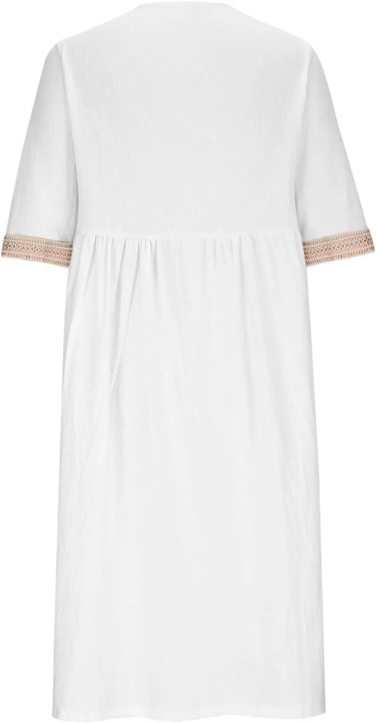 Womens Plus Size Summer Dresses Casual Lace Trim V Neck Short Sleeve A Line Boho Cotton Linen Maxi Dress with Pockets