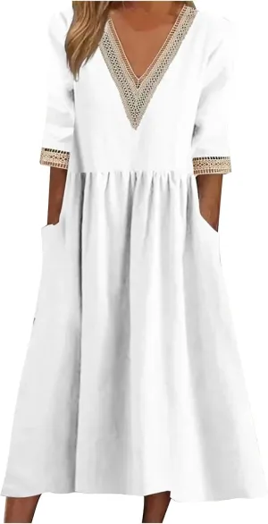 Womens Plus Size Summer Dresses Casual Lace Trim V Neck Short Sleeve A Line Boho Cotton Linen Maxi Dress with Pockets