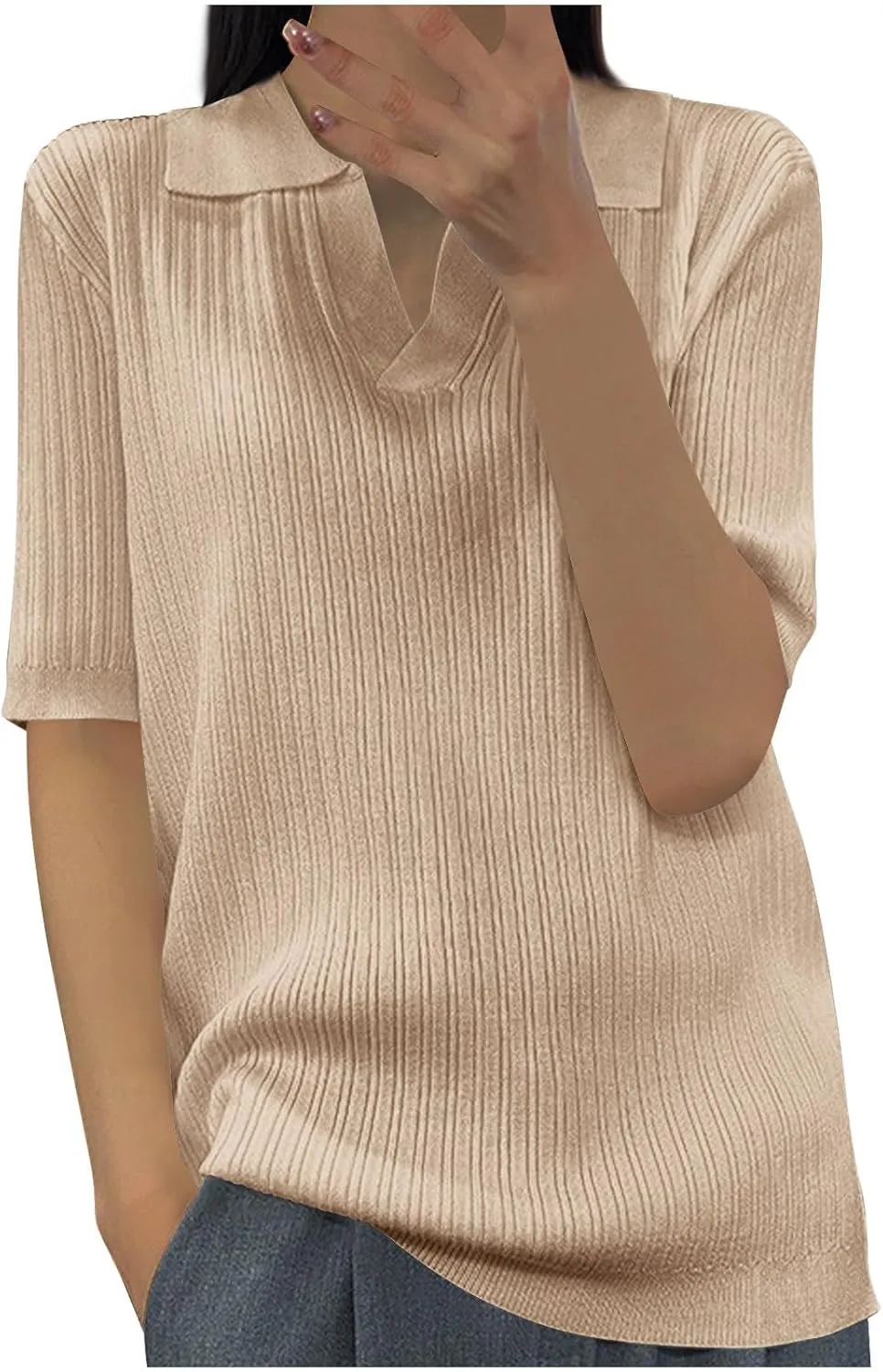 Womens Polo Shirts Collared V Neck Ribbed Knit Sweater Short Sleeve Business Work Tops Casual Loose Tunic Blouses