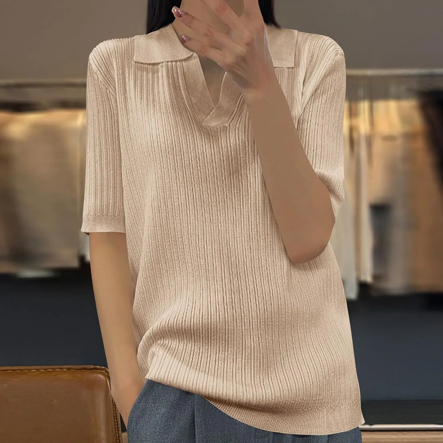 Womens Polo Shirts Collared V Neck Ribbed Knit Sweater Short Sleeve Business Work Tops Casual Loose Tunic Blouses