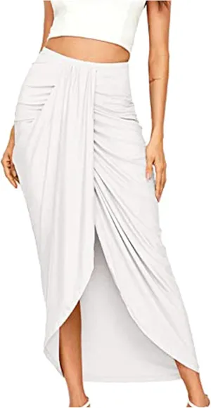 Womens Skirts Midi Length Basic Pleated High Waisted Wrap Ruched Bodycon Trendy Summer Asymmetrical Pencil Skirt