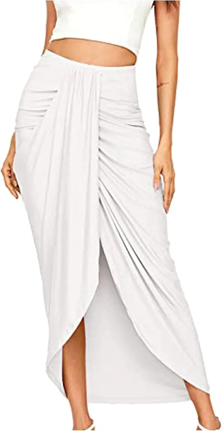 Womens Skirts Midi Length Basic Pleated High Waisted Wrap Ruched Bodycon Trendy Summer Asymmetrical Pencil Skirt