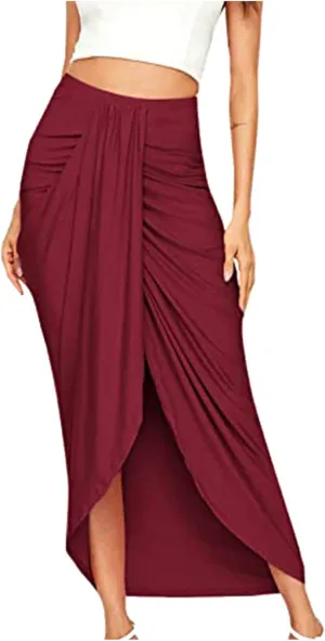 Womens Skirts Midi Length Basic Pleated High Waisted Wrap Ruched Bodycon Trendy Summer Asymmetrical Pencil Skirt