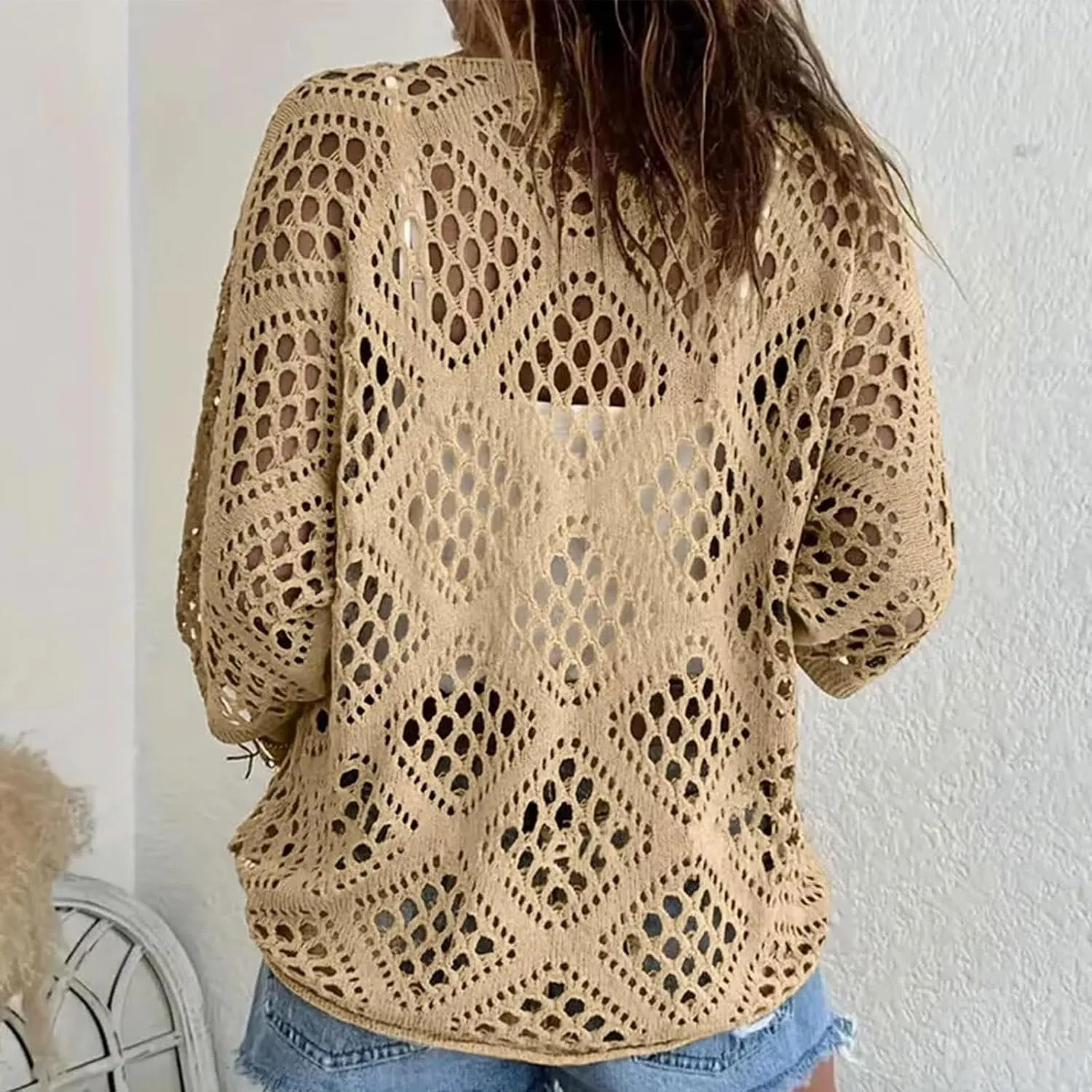 Womens Summer Crochet Top Hollow Out V Neck Long Batwing Sleeve Pullover Tops Sweater 2025 Beach Cover ups