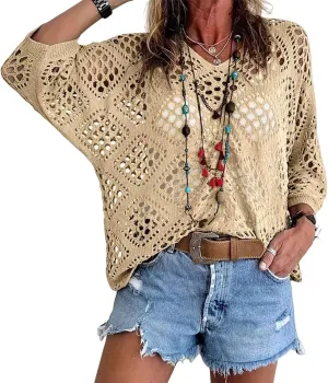 Womens Summer Crochet Top Hollow Out V Neck Long Batwing Sleeve Pullover Tops Sweater 2025 Beach Cover ups