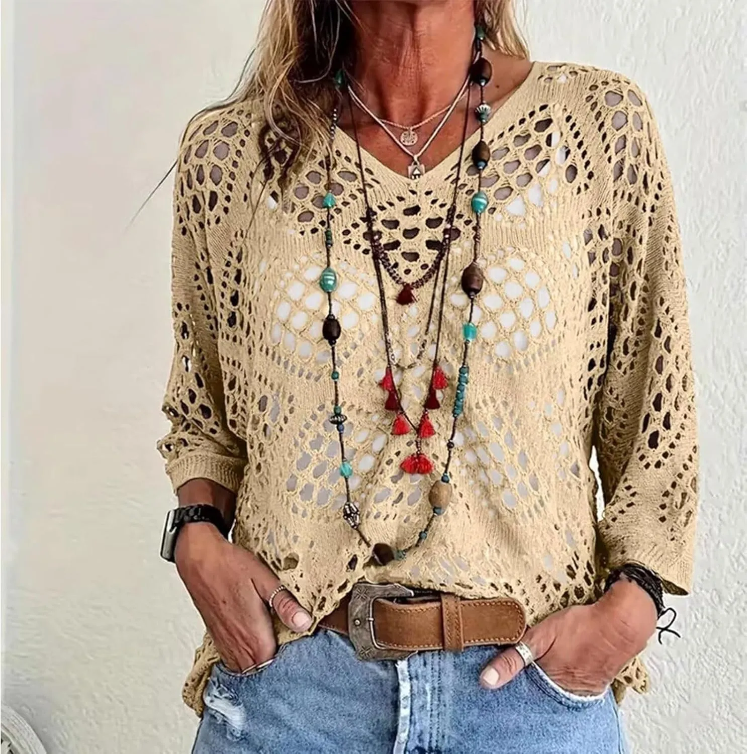 Womens Summer Crochet Top Hollow Out V Neck Long Batwing Sleeve Pullover Tops Sweater 2025 Beach Cover ups