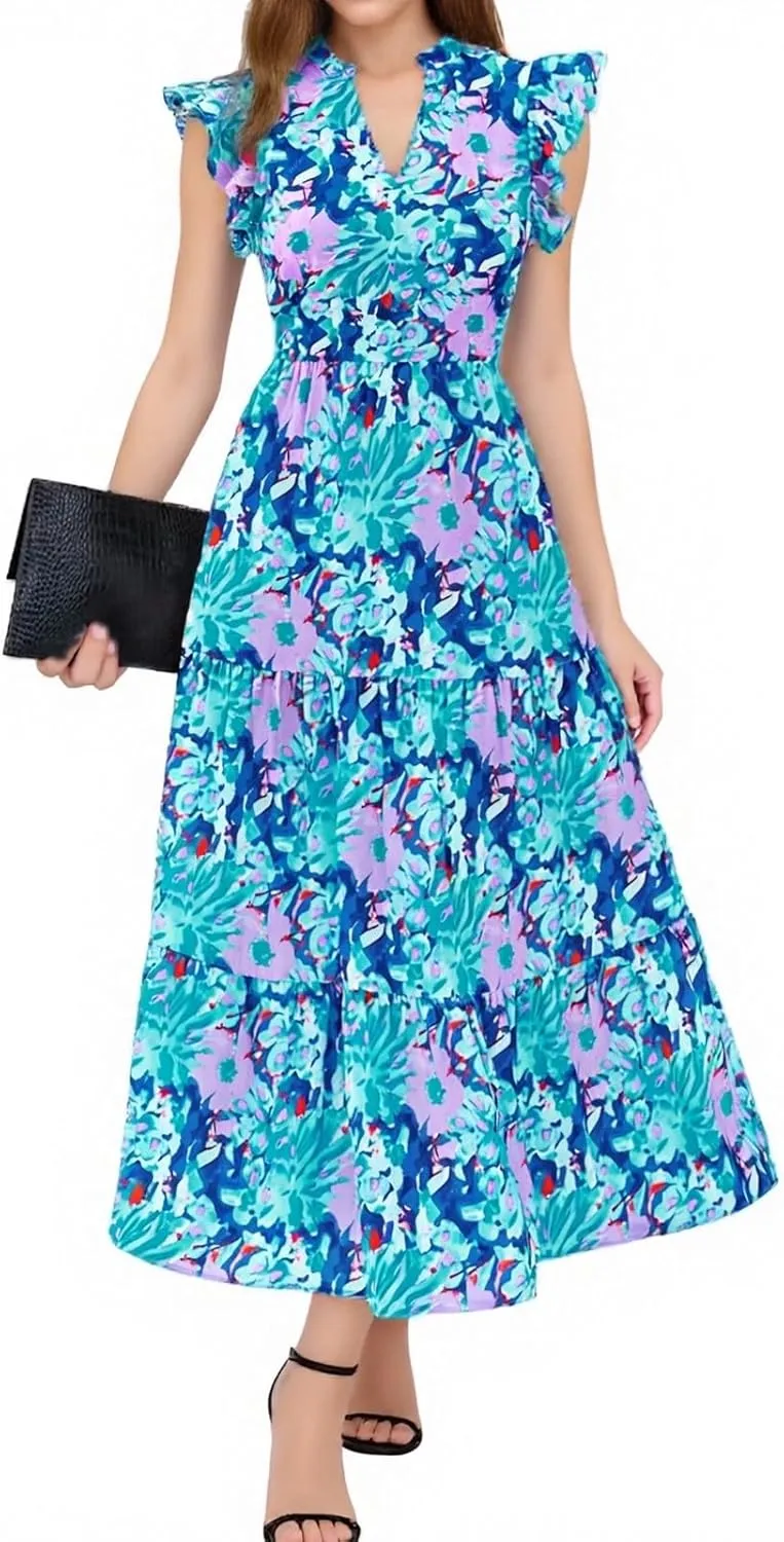 Womens Summer Floral Midi Dresses Cap Sleeve Beach Vacation Dress V Neck Ruffle Long Flowy Boho Casual Long Flowy Dress