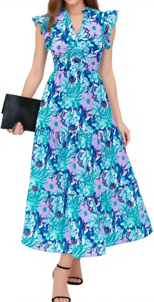 Womens Summer Floral Midi Dresses Cap Sleeve Beach Vacation Dress V Neck Ruffle Long Flowy Boho Casual Long Flowy Dress