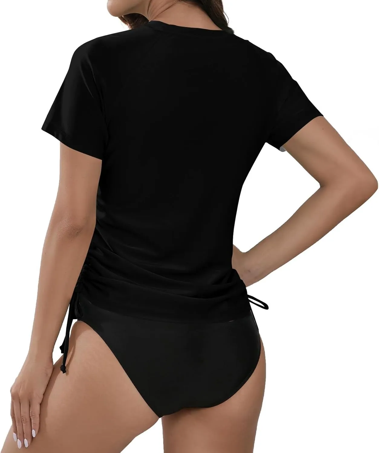Women's Summer Solid Color Crew Neck Short-Sleeved Sun Swimsuit Lightweight Adjustable Lace-up Swimsuit Blouse 2025
