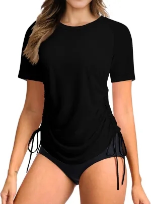 Women's Summer Solid Color Crew Neck Short-Sleeved Sun Swimsuit Lightweight Adjustable Lace-up Swimsuit Blouse 2025