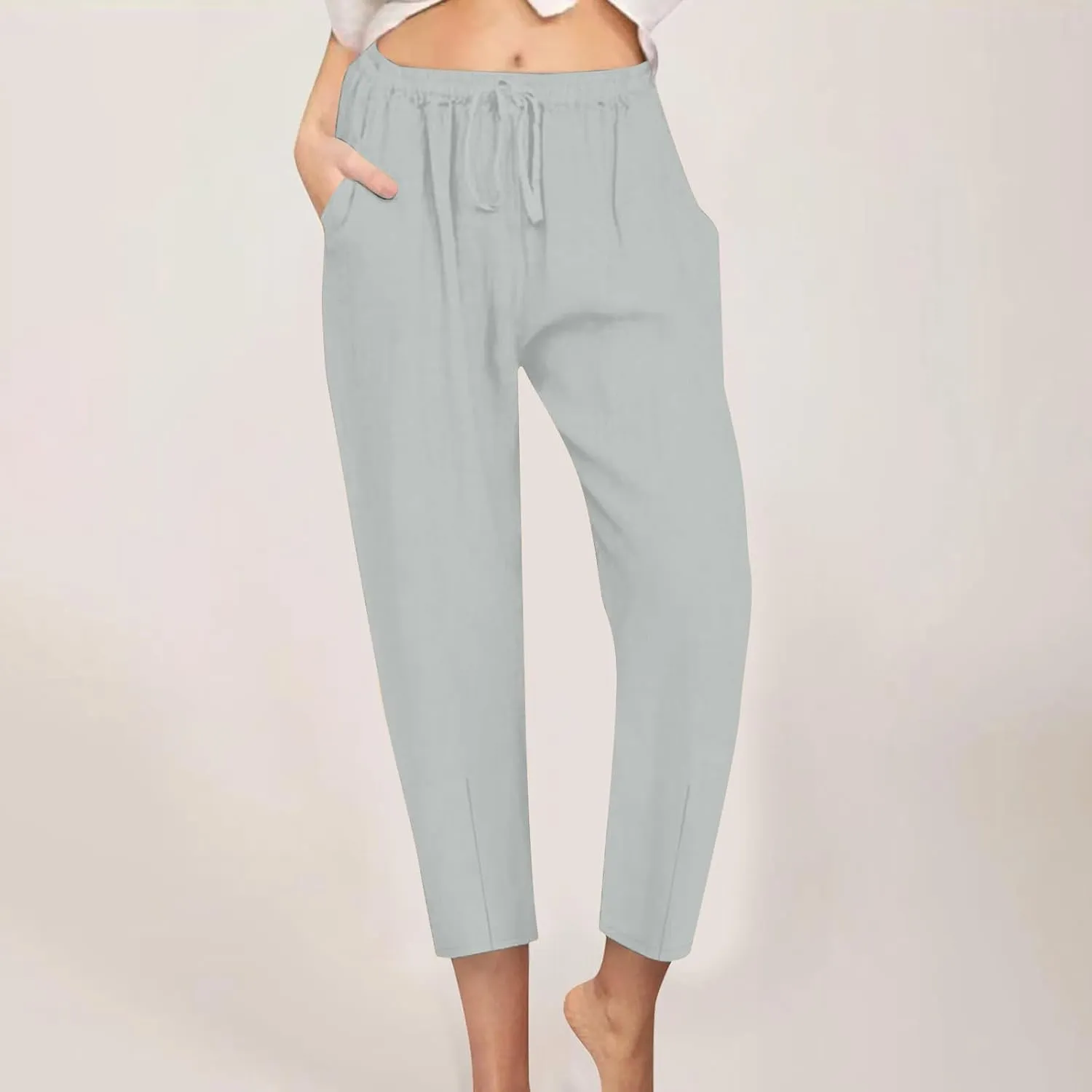 Women's Tapered Pants High Waisted Linen Pants Drawstring Work Pants Pull On Casual Pants Comfy Dress Pants Trousers