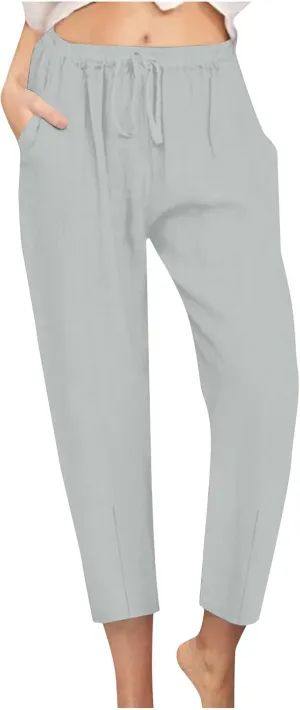 Women's Tapered Pants High Waisted Linen Pants Drawstring Work Pants Pull On Casual Pants Comfy Dress Pants Trousers