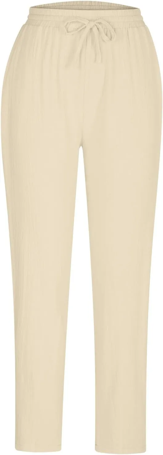 Women's Tapered Pants High Waisted Linen Pants Drawstring Work Pants Pull On Casual Pants Comfy Dress Pants Trousers