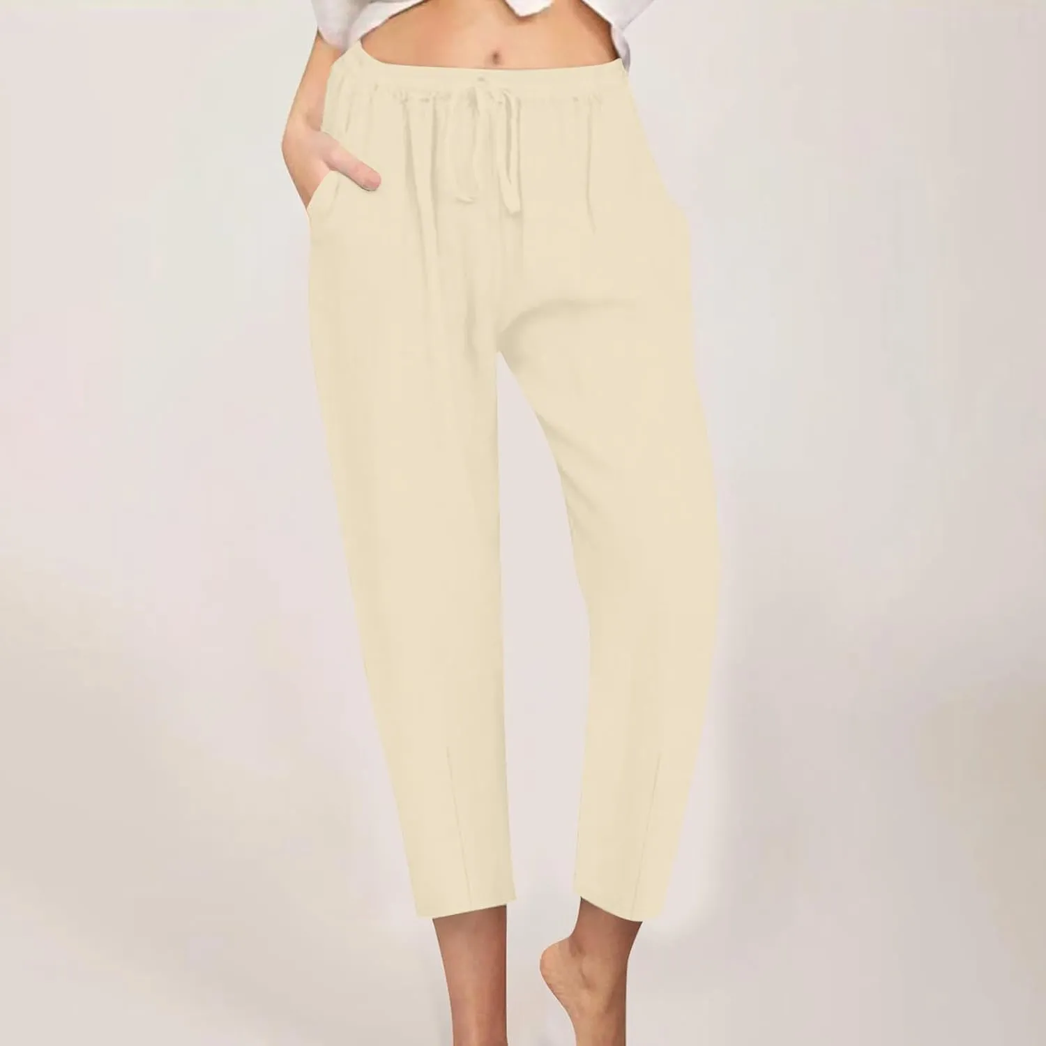 Women's Tapered Pants High Waisted Linen Pants Drawstring Work Pants Pull On Casual Pants Comfy Dress Pants Trousers