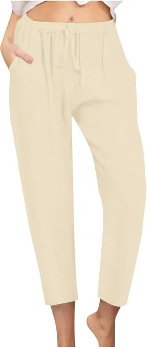 Women's Tapered Pants High Waisted Linen Pants Drawstring Work Pants Pull On Casual Pants Comfy Dress Pants Trousers