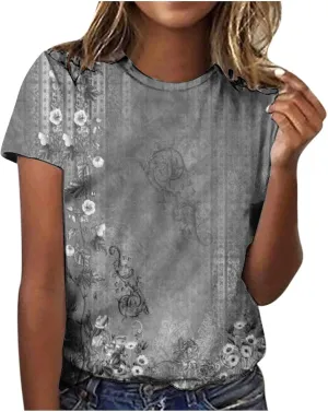 Womens Tops Trendy Summer Casual Retro Flower Printed Top Short Sleeve Crewneck Tees Loose Lightweight T Shirt Blouse