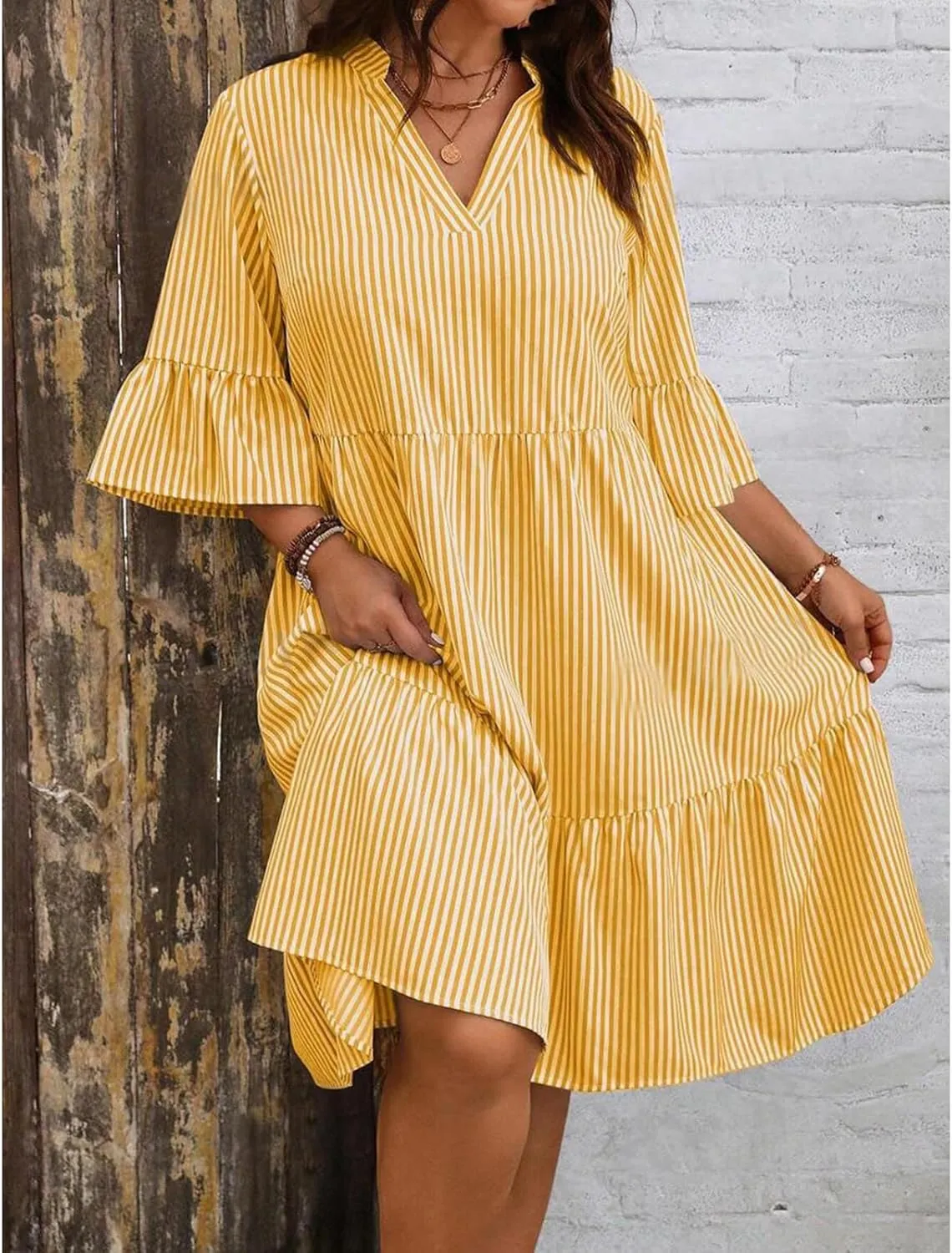 Women's V Neck Striped Dress Summer Tiered Layer Dresses Half Sleeve Flared Midi Dress Swing Ruffle Hem Dresses