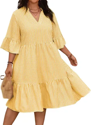 Women's V Neck Striped Dress Summer Tiered Layer Dresses Half Sleeve Flared Midi Dress Swing Ruffle Hem Dresses