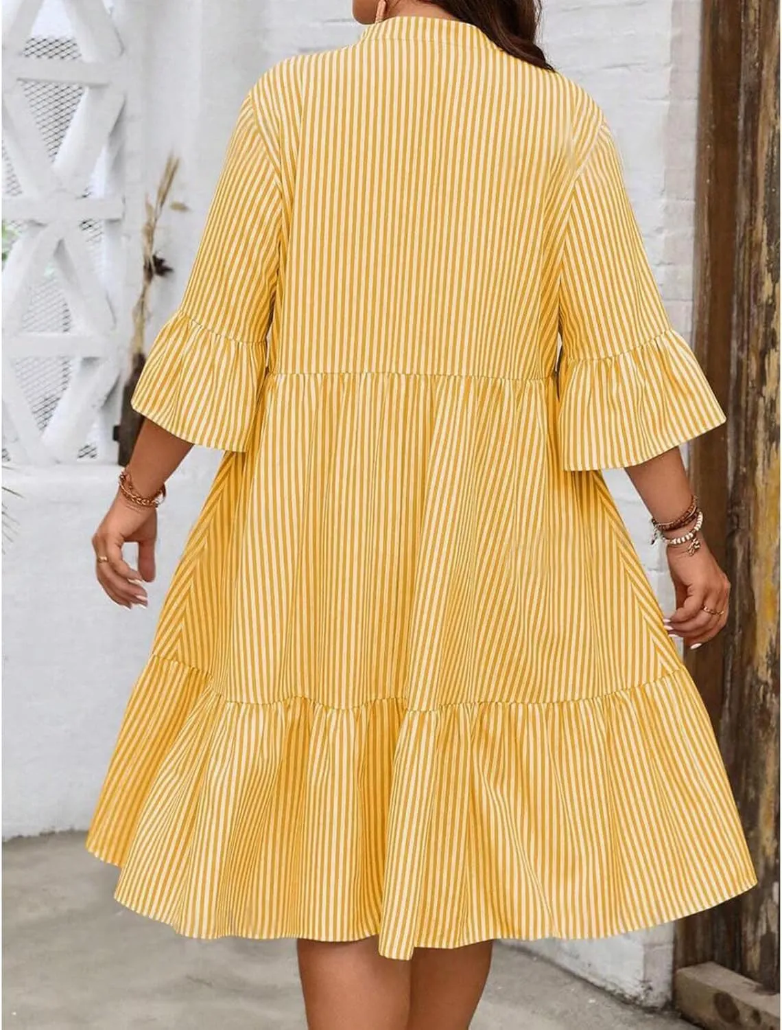 Women's V Neck Striped Dress Summer Tiered Layer Dresses Half Sleeve Flared Midi Dress Swing Ruffle Hem Dresses