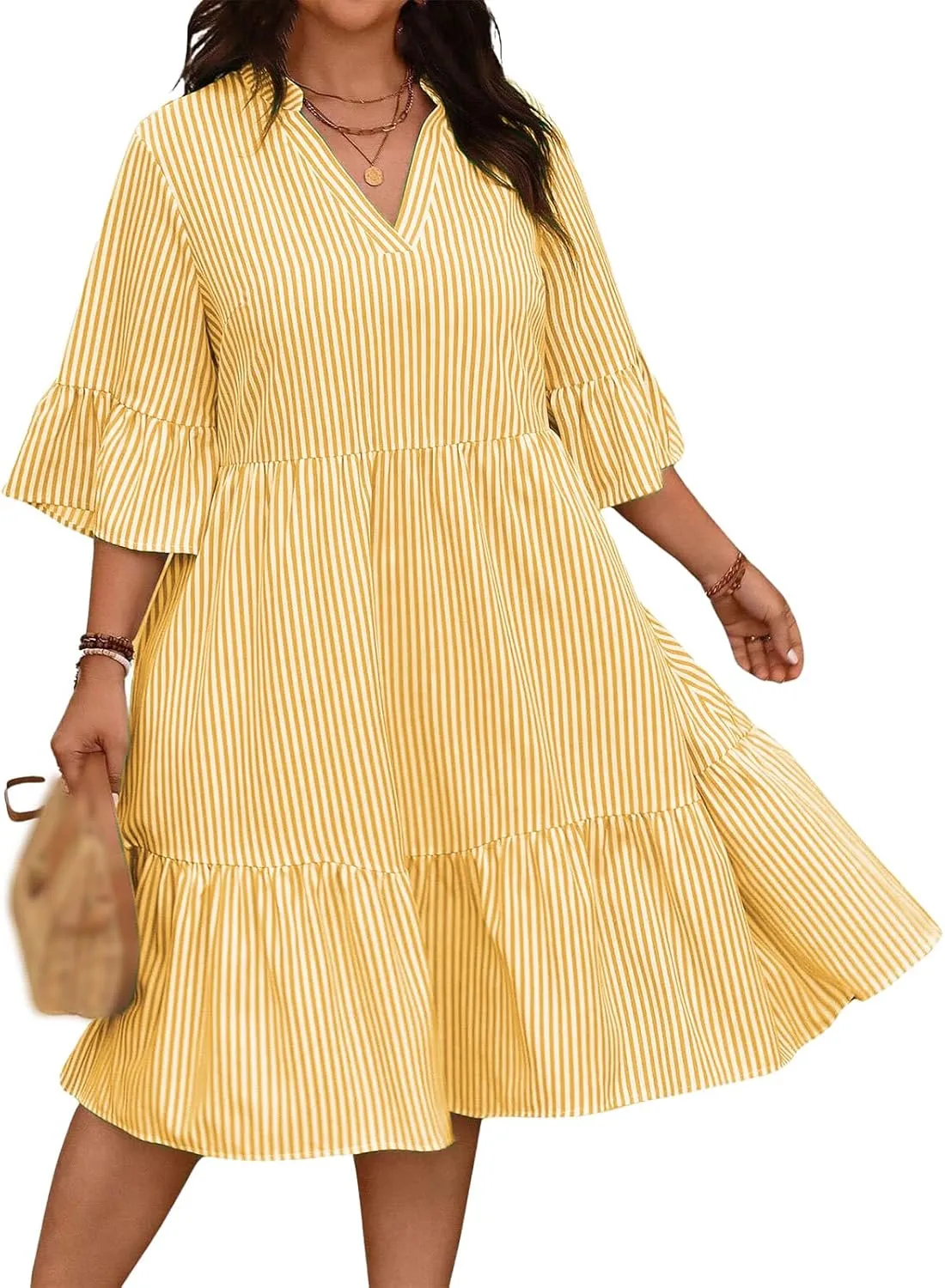Women's V Neck Striped Dress Summer Tiered Layer Dresses Half Sleeve Flared Midi Dress Swing Ruffle Hem Dresses