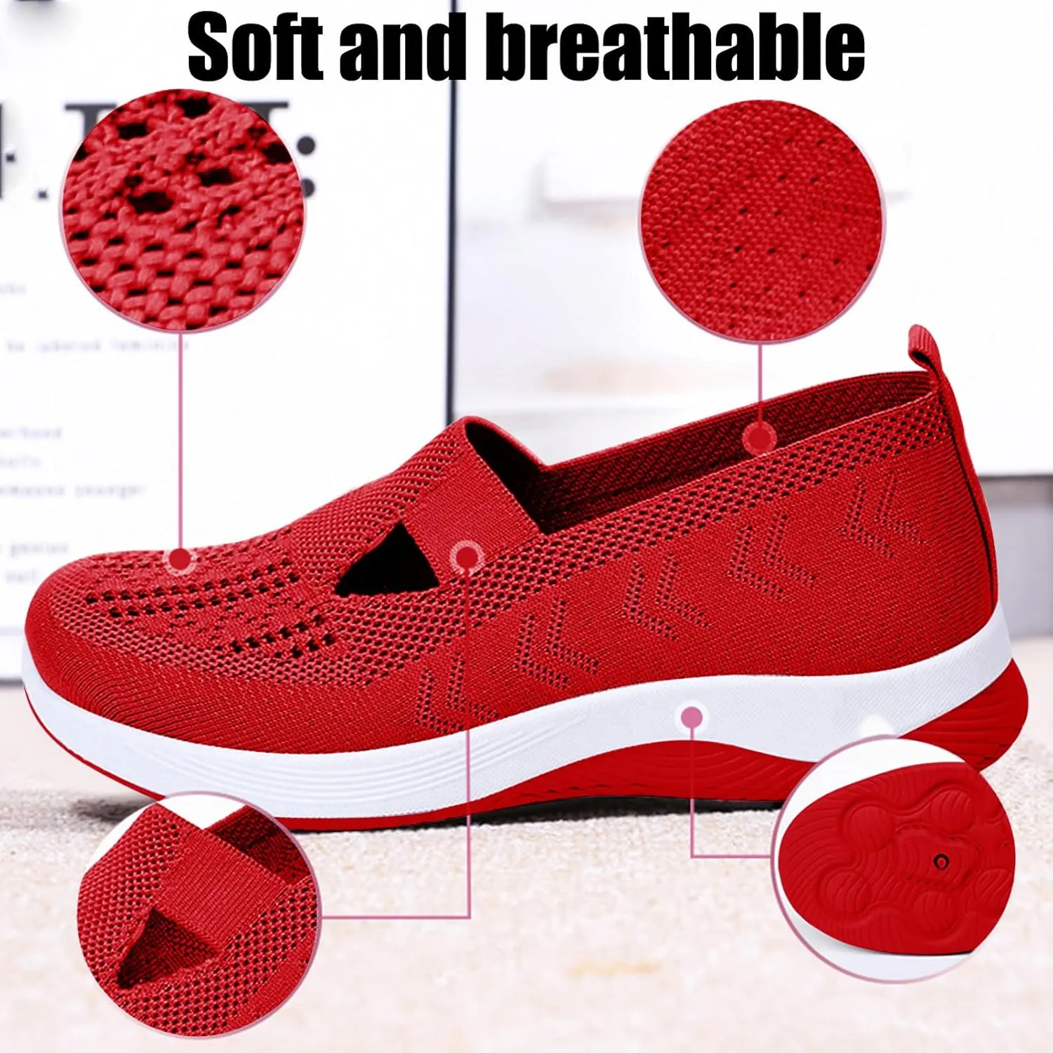 Women's Woven Orthopedic Shoes Breathable Lightweight Slip On Casual Shoes Soft Arch Support Walking Shoe Casual Air Cushion Athletic Sneakers Non-Slip Mesh Up Footwear