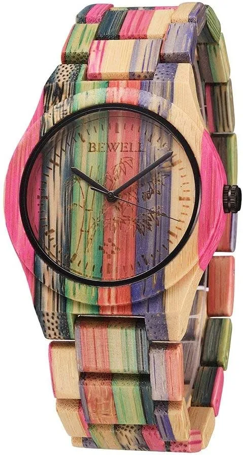 Wooden Watch Handmade Natural Colorful Bamboo Wooden Watch Analog Quartz Wrist Watch Rose red