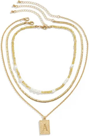 YAZILIND Layered Alloy Necklace with Letter 'A' Pendant - Gold & White Beaded Chains - Personalized Jewelry