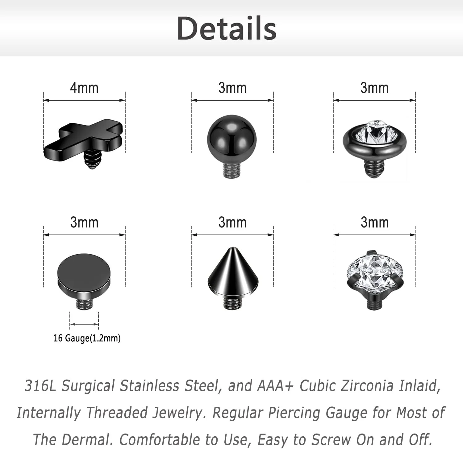 ZS 16G Dermal Piercing Jewelry Surgical Steel Diamond Tops for Men Women Surface Piercing Jewelry Tops Black Gold Microdermal Piercing Jewelry