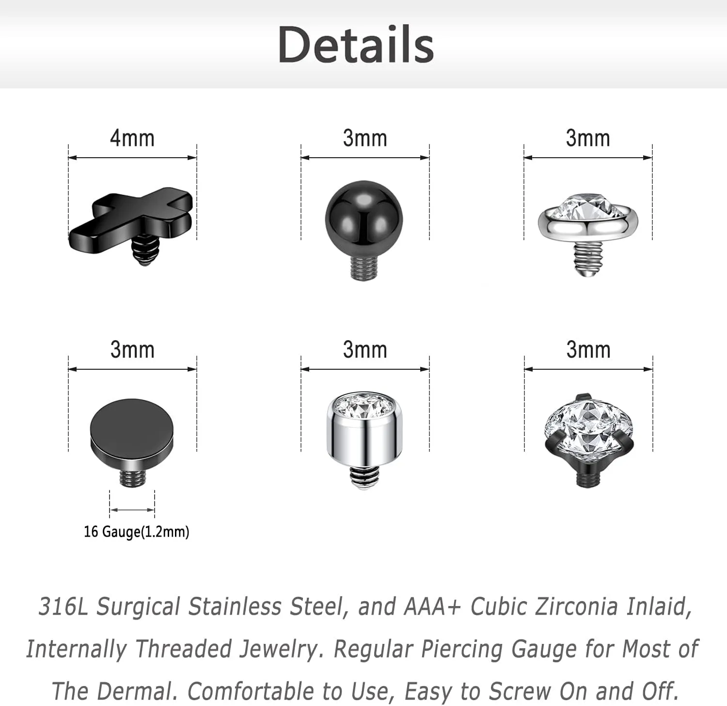 ZS 16G Dermal Piercing Jewelry Surgical Steel Diamond Tops for Men Women Surface Piercing Jewelry Tops Black Gold Microdermal Piercing Jewelry