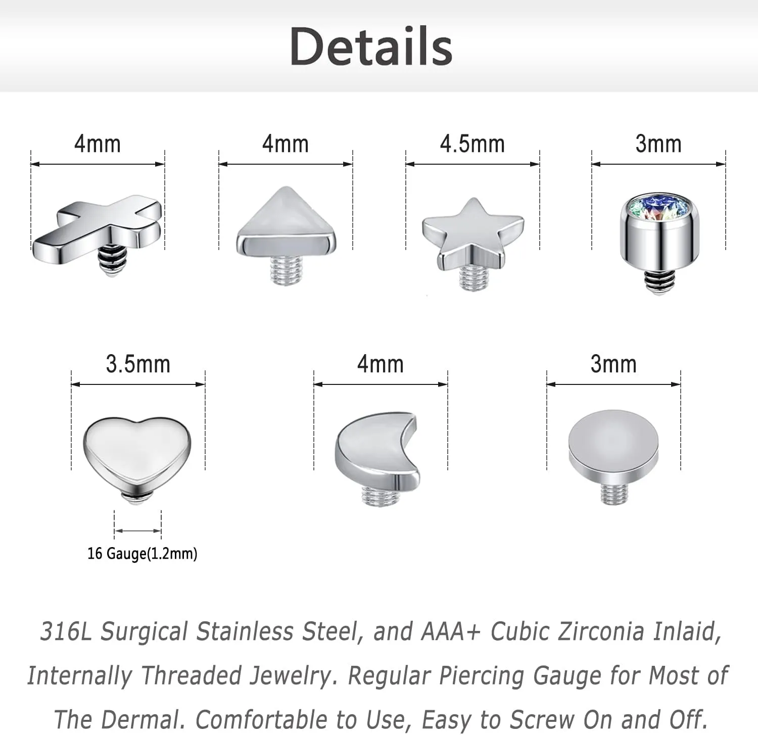 ZS 16G Dermal Piercing Jewelry Surgical Steel Diamond Tops for Men Women Surface Piercing Jewelry Tops Black Gold Microdermal Piercing Jewelry