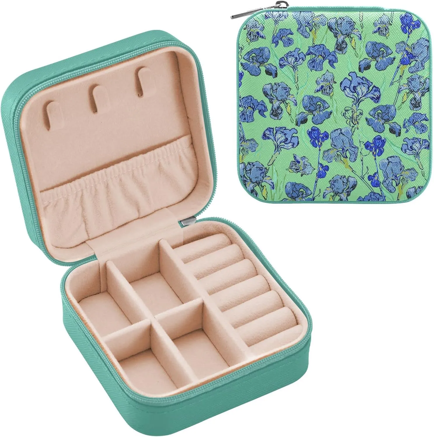 ZZKKO Irises Flowers Small Jewelry Box Travel Jewelry Case Leather Jewelry Travel Organizer Mini Portable Storage Boxes for Womens Rings Necklaces Gifts Green