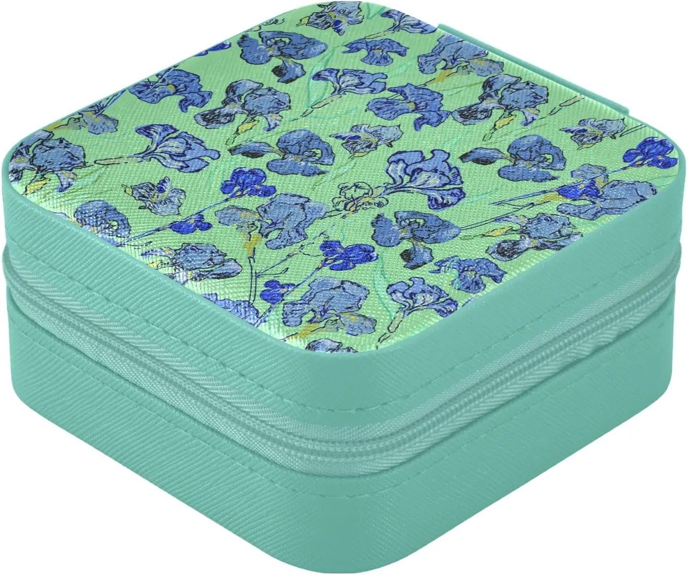 ZZKKO Irises Flowers Small Jewelry Box Travel Jewelry Case Leather Jewelry Travel Organizer Mini Portable Storage Boxes for Womens Rings Necklaces Gifts Green