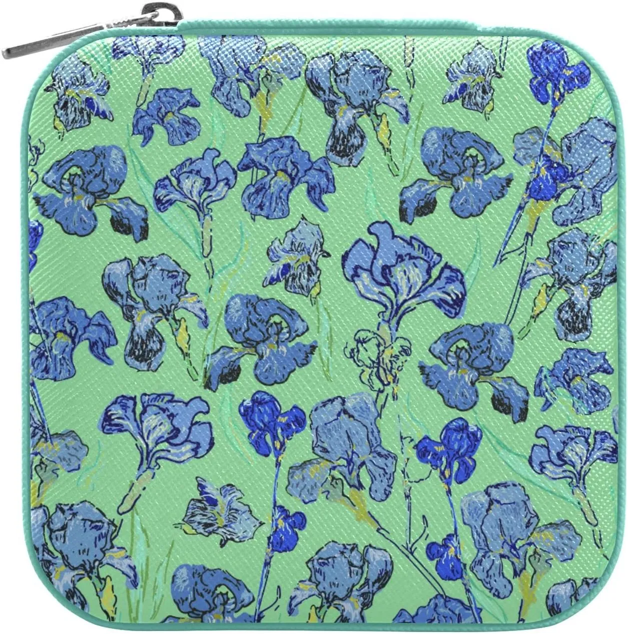 ZZKKO Irises Flowers Small Jewelry Box Travel Jewelry Case Leather Jewelry Travel Organizer Mini Portable Storage Boxes for Womens Rings Necklaces Gifts Green