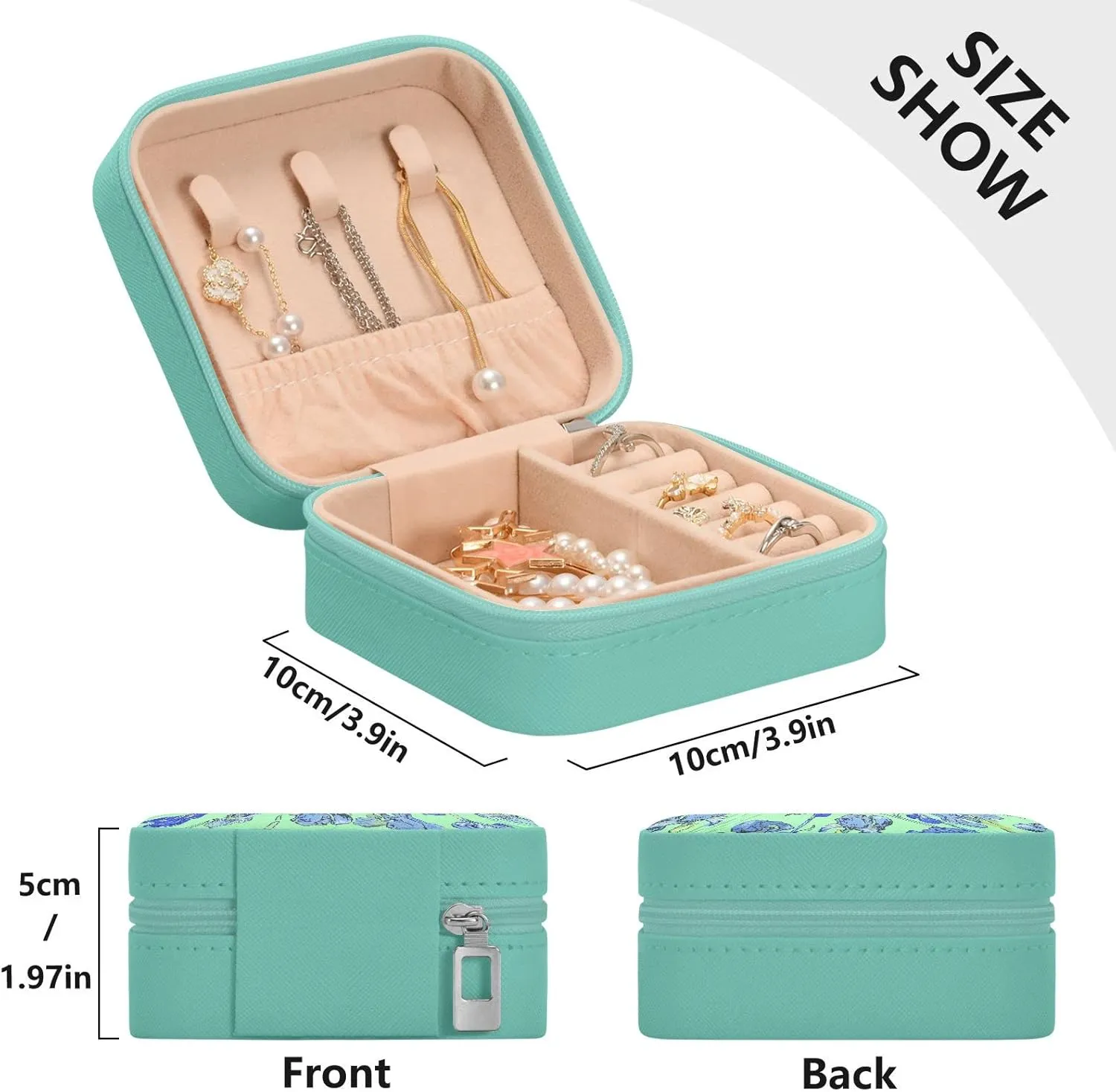 ZZKKO Irises Flowers Small Jewelry Box Travel Jewelry Case Leather Jewelry Travel Organizer Mini Portable Storage Boxes for Womens Rings Necklaces Gifts Green